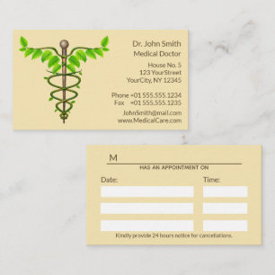 Carte De Rendez-vous Alternative Médicale Caduceus Vert Feuilles Beige