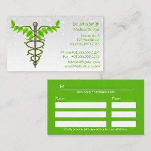 Carte De Rendez-vous Alternative Médicale Caduceus Vert Feuilles Blanc