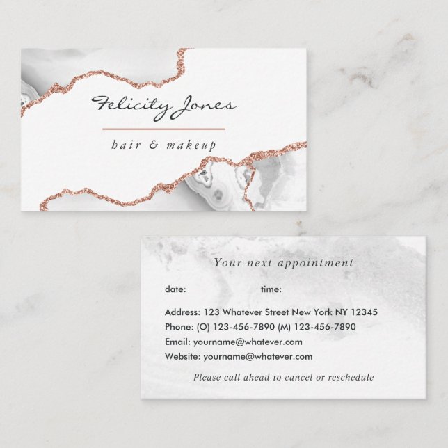 Carte De Rendez-vous Aquarelle chic Blanc et Rose Gold Agate Business (Devant / Derrière)