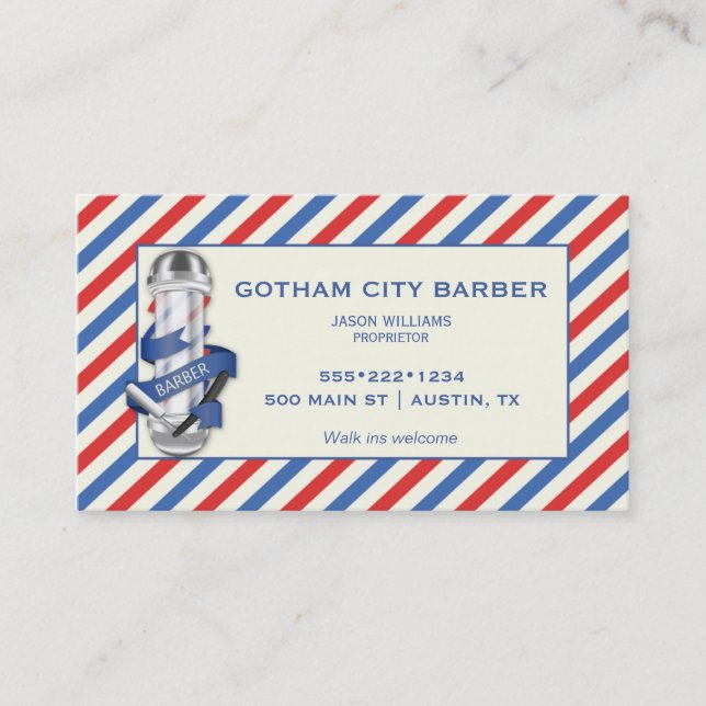 Carte De Rendez-vous Barber Shop Rouge Blanc Bleu Tailles Pole (Devant)