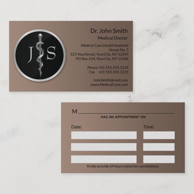 Carte De Rendez-vous Barre d'Asclepius Médicale Classy Noble Argent (Devant / Derrière)