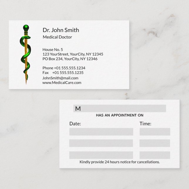 Carte De Rendez-vous Bâton vert de plantes de l'Asclepius Gold Médicale (Devant / Derrière)
