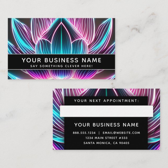 Carte De Rendez-vous Black Neon rose et bleu Lotus Flower Professional (Devant / Derrière)