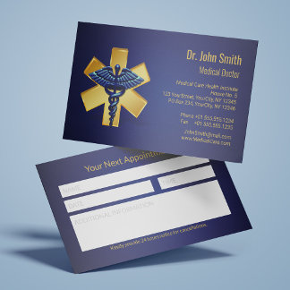 Carte De Rendez-vous Blue Medical 3D Caduceus Gold Cross Reminder