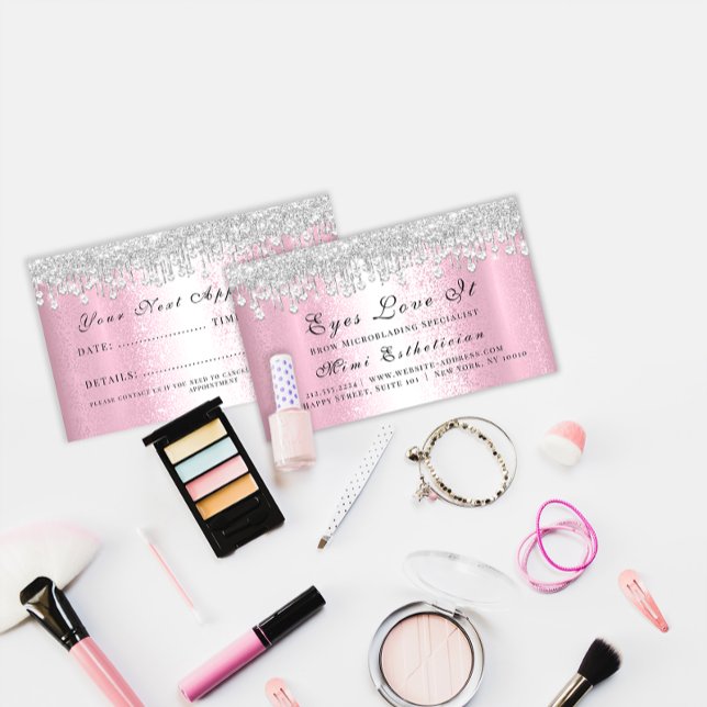 Carte De Rendez-vous Brows de maquillage Lash Driver Coiffeur rose (Makeup Brows Lash Silver Drips Pink Hairdresser Appointment Card)