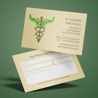 Carte De Rendez-vous Caducée Feuilles Vertes Beige Médecine Alternative