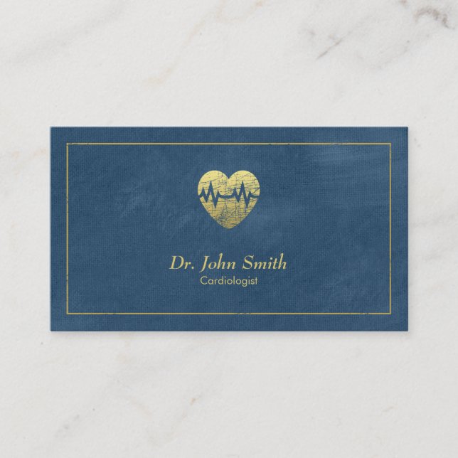 Carte De Rendez-vous Cardiologue, Toile Bleue Cadre doré & Coeur (Devant)