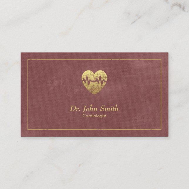 Carte De Rendez-vous Cardiologue, Toile rouge Cadre doré & Coeur (Devant)