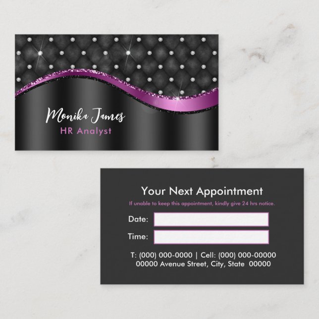 Carte De Rendez-vous Chic Faux Métal Brossé Noir Violet Monogramme (Devant / Derrière)