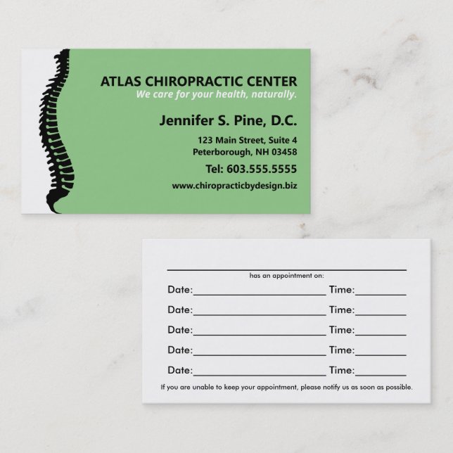 Carte De Rendez-vous Chiropraticien de la colonne vertébrale latérale N (Devant / Derrière)