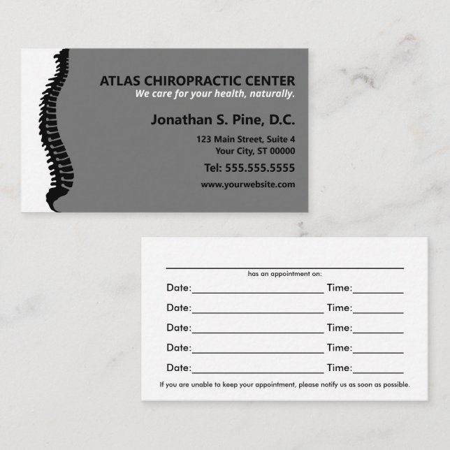 Carte De Rendez-vous Chiropraticien de la colonne vertébrale latérale N (Devant / Derrière)