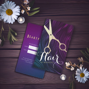Carte De Rendez-vous Ciseaux d'or violet moderne Salon de cheveux coiff