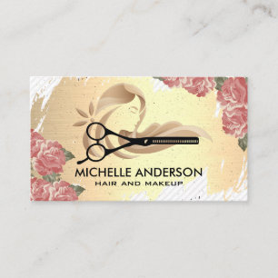 Carte De Rendez-vous Ciseaux Or brossé Fleurs Logo des cheveux