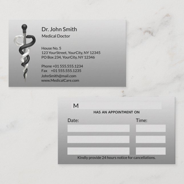 Carte De Rendez-vous Classé Médicale Noble Elegant Noir Blanc Asclepius (Devant / Derrière)