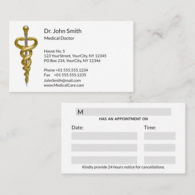 Carte De Rendez-vous Classé Médicale Noble Elegant Or Argent Asclepius (Devant / Derrière)