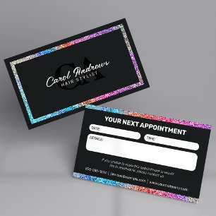 Carte De Rendez-vous Coiffeur Moderne Paillettes Noir & Arc-en-Ciel