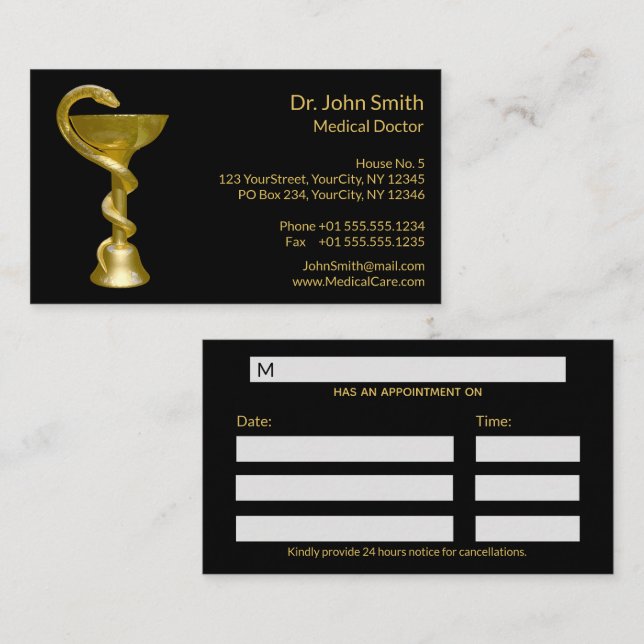 Carte De Rendez-vous Couleuvre Médicale classique Hygieia Gold Caduceus (Devant / Derrière)