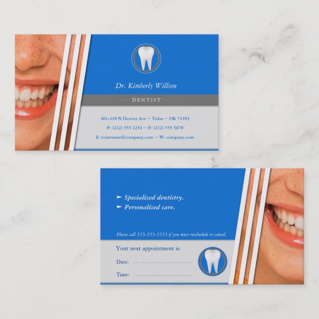 Carte De Rendez-vous Dentaire bleu | Personnaliser le dentiste (Devant / Derrière)