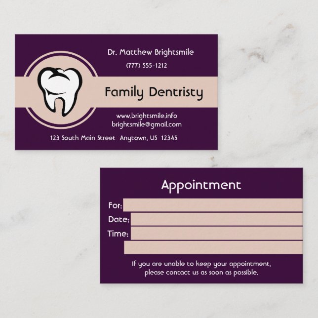 Carte De Rendez-vous Dental White Tooth on Pale Yellow Centre Stripe (Devant / Derrière)