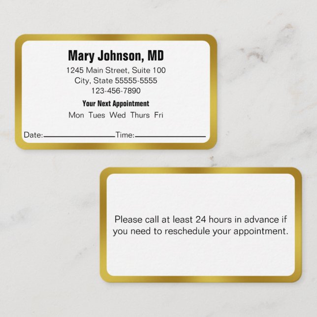Carte De Rendez-vous Docteur Office Gold White Votre prochain rendez-vo (Devant / Derrière)
