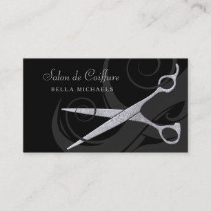 Carte De Rendez-vous Elégant Black Curls Silver Ciseaux Salon de Coiffu