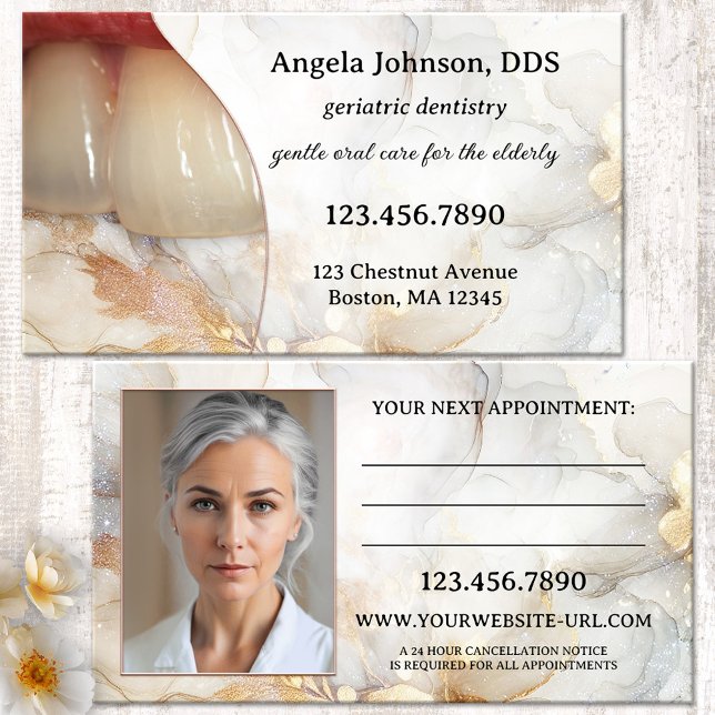 Carte De Rendez-vous Élégant dentiste gériatrique (Geriatric dentist appointment  business card with teeth of an elderly lady and a porcelain design)