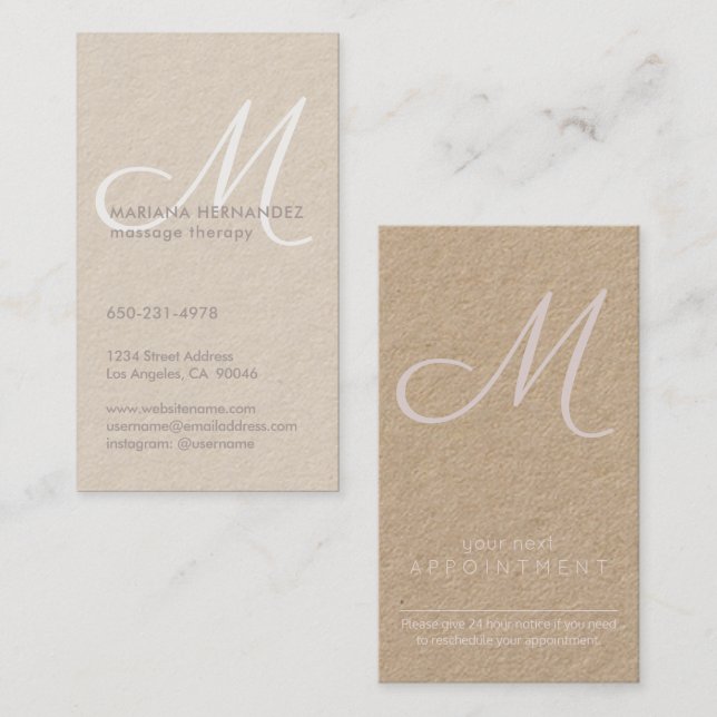 Carte De Rendez-vous Élégant Script Monogram Blush Pink Kraft Vertical (Devant / Derrière)