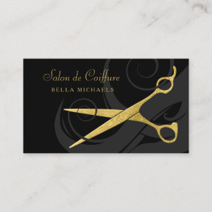 Carte De Rendez-vous Elégante Boucles Noires Faux Ciseaux Or Salon De C