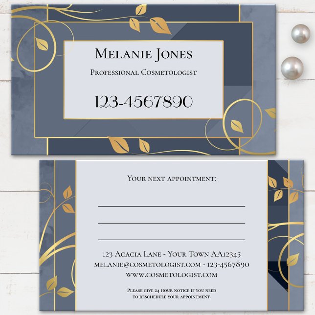 Carte De Rendez-vous Feuilles dorées chic gris bleu (Professional appointment business card featuring swirling golden leaves on blue grey geometric)