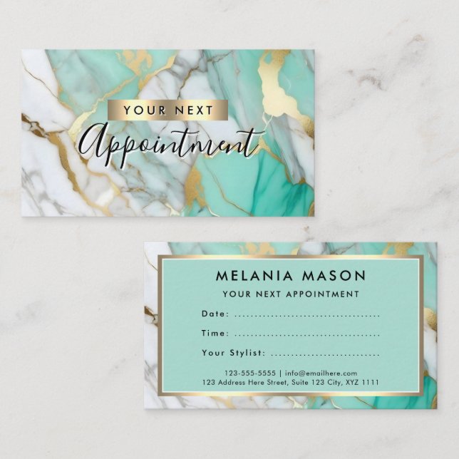 Carte De Rendez-vous Gold Green Marble Makeup Artist (Devant / Derrière)