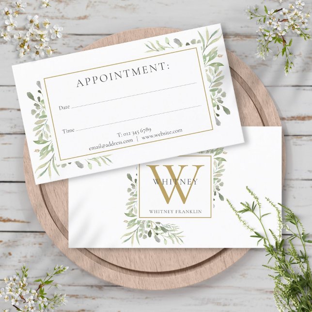 Carte de rendez-vous Gold Monogram Green (Gold Monogram Greenery Appointment Card)