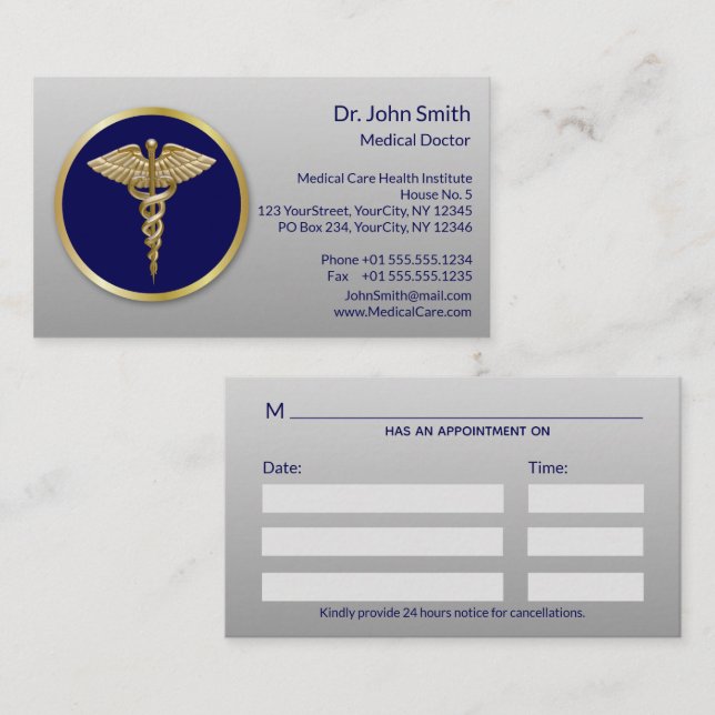 Carte De Rendez-vous Gold Professional Blue Médicale Caduceus (Devant / Derrière)