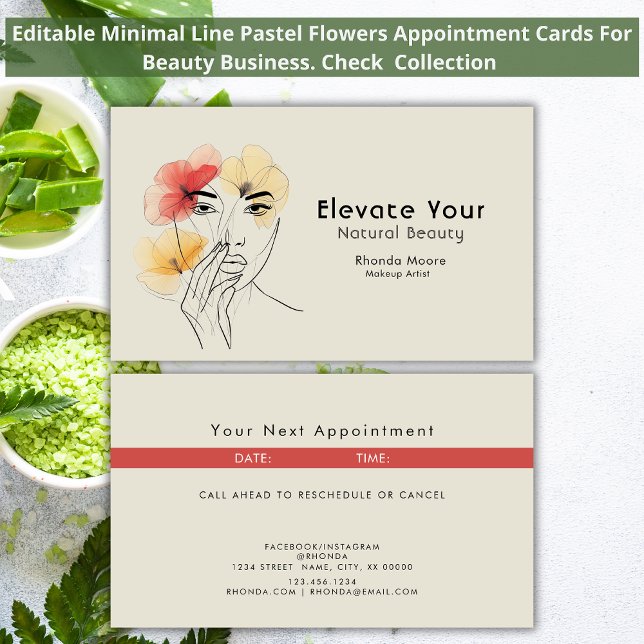 Carte De Rendez-vous Ligne Minimale Face Pastel Fleurs Business Chic (Créateur téléchargé)