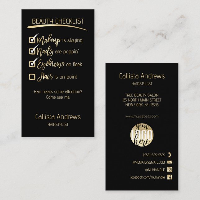 Carte De Rendez-vous Liste de contrôle de beauté noire Hair Gold Busine (Devant / Derrière)