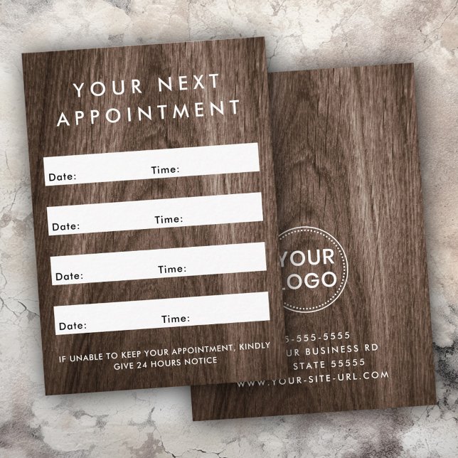 Carte De Rendez-vous Logo personnalisé en bois brun foncé (Classy brown wood grain custom logo vertical appointment card)