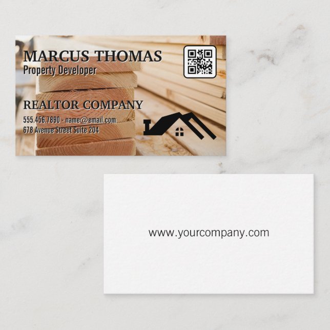 Carte De Rendez-vous Matière en bois brut | Logo de la maison | Code QR (Devant / Derrière)