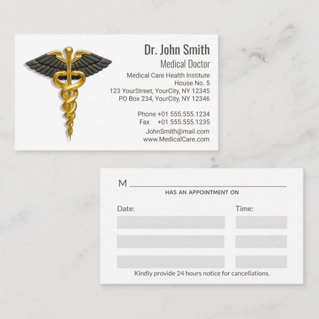 Carte De Rendez-vous Médicale Elegant Gold Caduceus Classy Black Wings (Devant / Derrière)