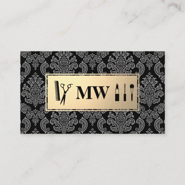 Carte De Rendez-vous Modèle de monogramme de Damas d'or (Devant)