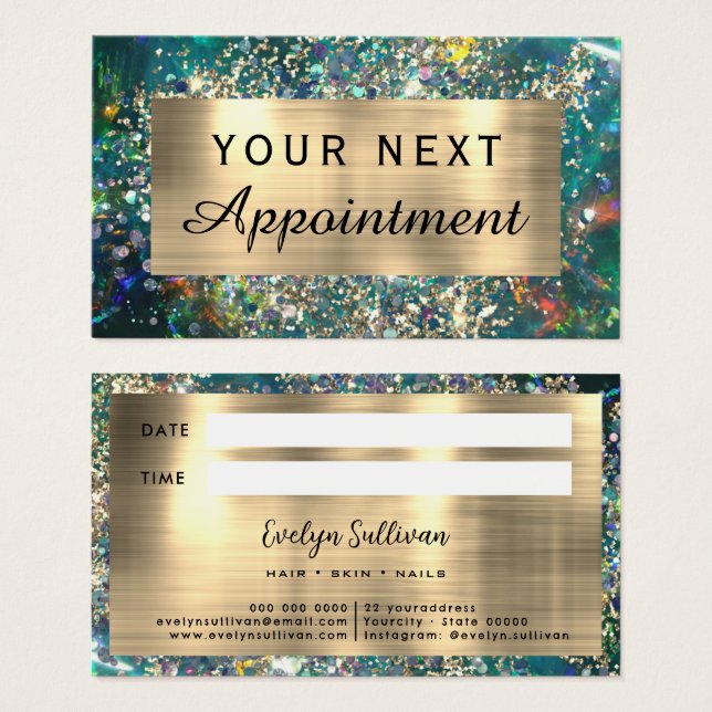 Carte de rendez-vous opale turquoise parties scint (Devant & derrière)