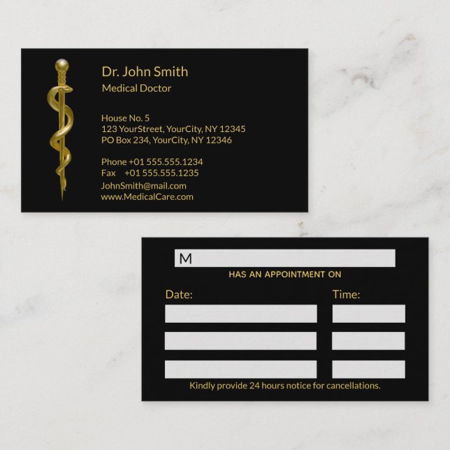 Carte De Rendez-vous Or Médicale sur le bâton de l'Asclepius (Devant / Derrière)