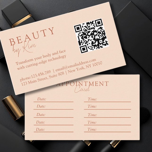 Carte De Rendez-vous Pêche, Minimale, Élégante, Salon, Code QR (Peach, Minimal, Elegant, Salon, QR-Code Appointment Card)