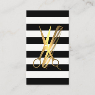 Carte De Rendez-vous Rayures Logo Peigne Ciseaux Dorés