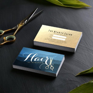 Carte De Rendez-vous Salon des cheveux Coiffeuse Ciseaux bleu et or mod