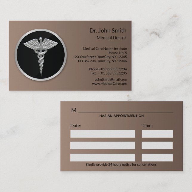 Carte De Rendez-vous Silver Professional Médicale Caduceus (Devant / Derrière)