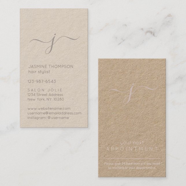 Carte De Rendez-vous Simple Monogramme Script Blush et Kraft Vertical (Devant / Derrière)