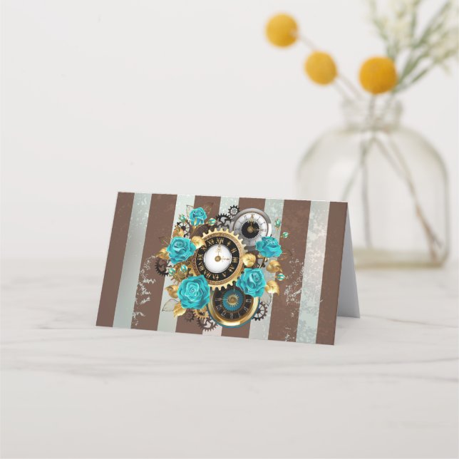 Carte De Rendez-vous Steampunk Clock and Turquoise Roses on Striped (Devant)