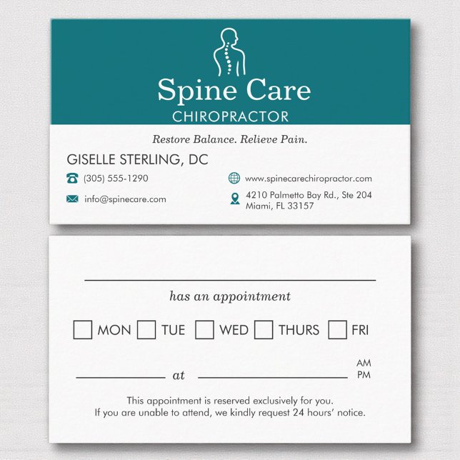 Carte De Rendez-vous Teal Chiropractor Appointment Reminder Card (Créateur téléchargé)