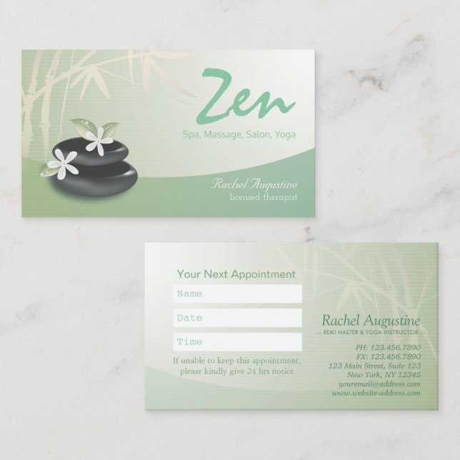 Carte De Rendez-vous ZEN Stone Bambou SPA Massage Thérapiste Rendez-vou (Devant / Derrière)