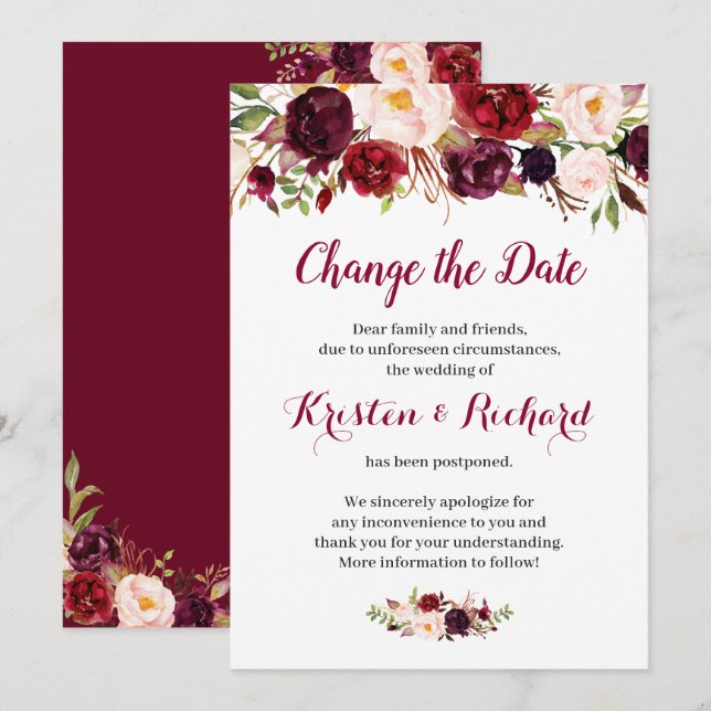 Carte de renvoi de date florale rouge Bourgogne (Devant / Derrière)