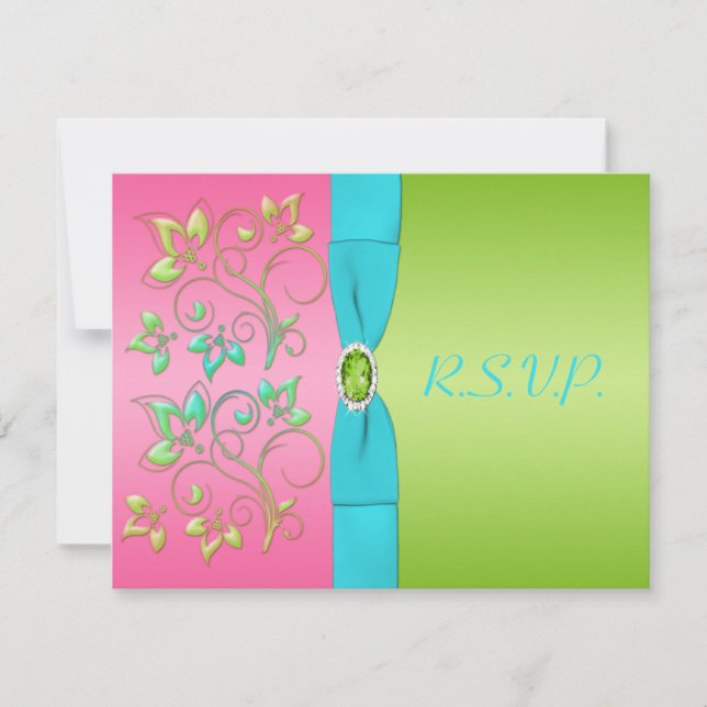 Carte de réponse à la florale rose, aqua et lime (Devant)
